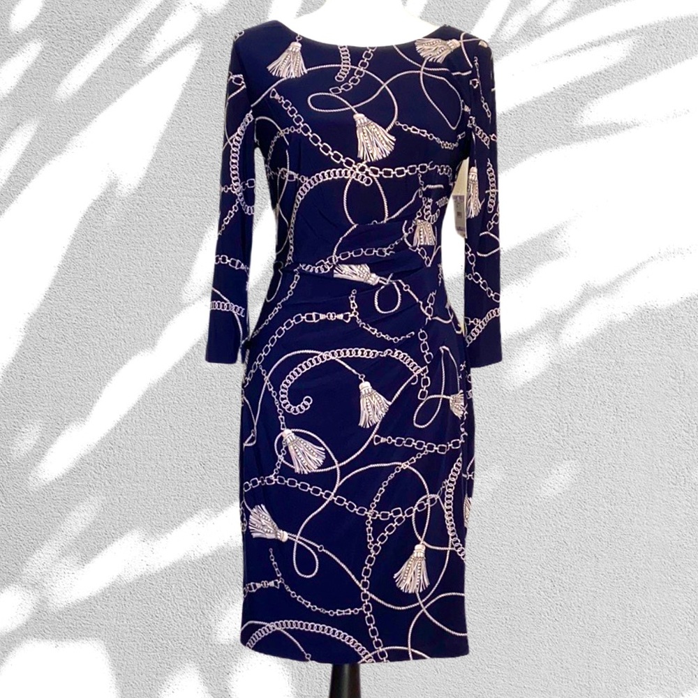 Anne Klein Faux Wrap Dress with chain print sz 6